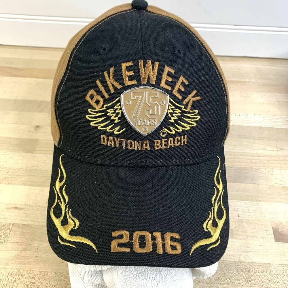 Bike Week 2016 Daytona Beach 75 Years Metal Plaque Gold Flames Baseball Cap